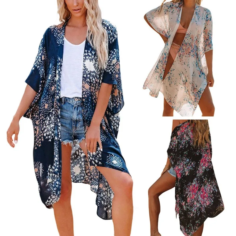 

Fashion Summer European And American New Women's Bohemian Beach Cover Shirt Casual Loose Printing Chiffon Cardigan