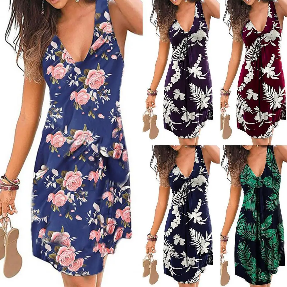 

Повседневное Платье трапециевидного силуэта с принтом растений, Женская юбка без рукавов с V-образным вырезом для свиданий