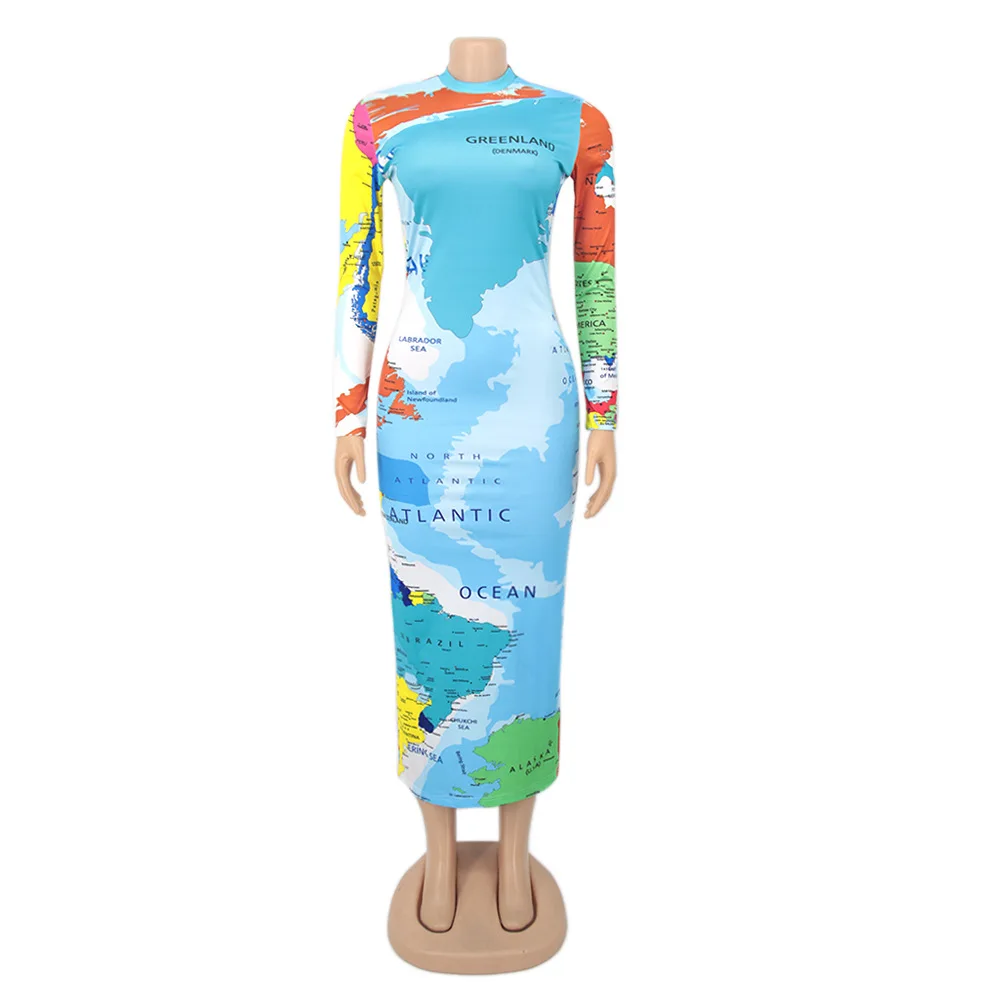 

Adogirl World Map Print Maix Dress Woman Long Sleeve Turtleneck Package Hip Dress Fall Stretchy Skinny Robe Femme Vestidos S-XXL