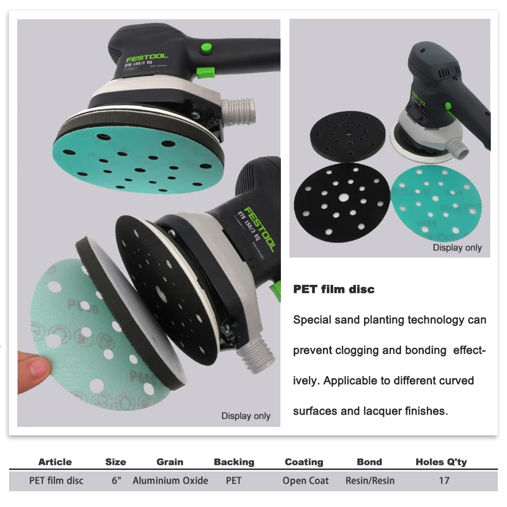 6 дюймов 150 мм 17 отверстий 60-2000 Грит крючок и петля ПЭТ пленка из оксида алюминия