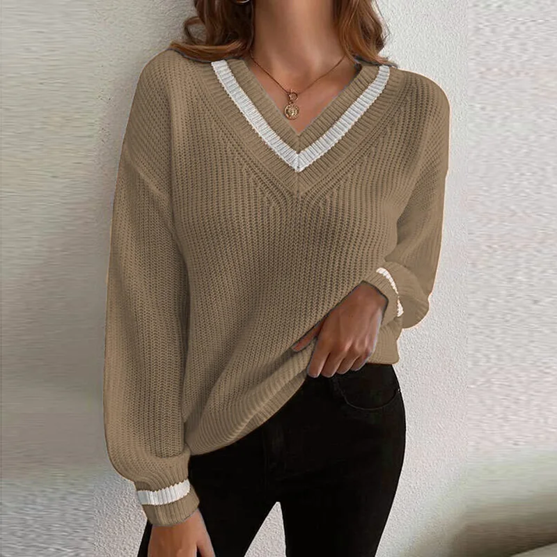 

Elegant V-Neck Long Sleeve Tops Pullover Autumn Winter Casual Loose Women Loose Sweater Fashion Solid Patchwork Sweater Mujers