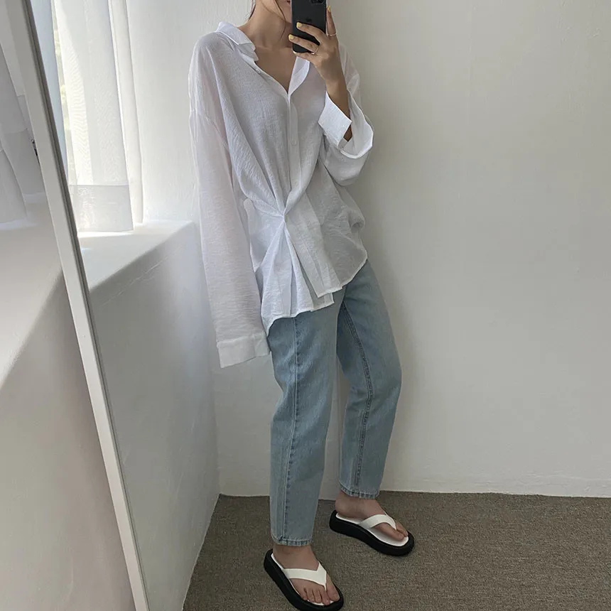 

ZCSMLL Korean Simple Basic Lapel Chic Single-breasted Design Loose Solid Color Versatile Long-sleeved Shirt Top