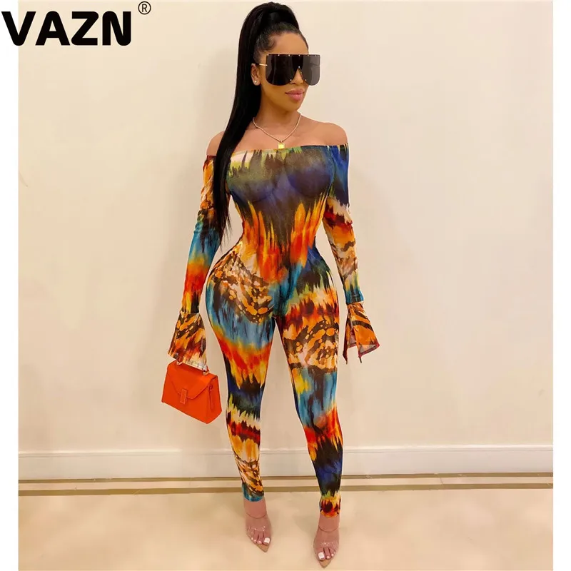 VAZN YS6108 новые необычные прозрачные сексуальные вечерние винтажные женские эластичные обтягивающие длинные комбинезоны с длинным рукавом и вырезом лодочкой и высокой талией