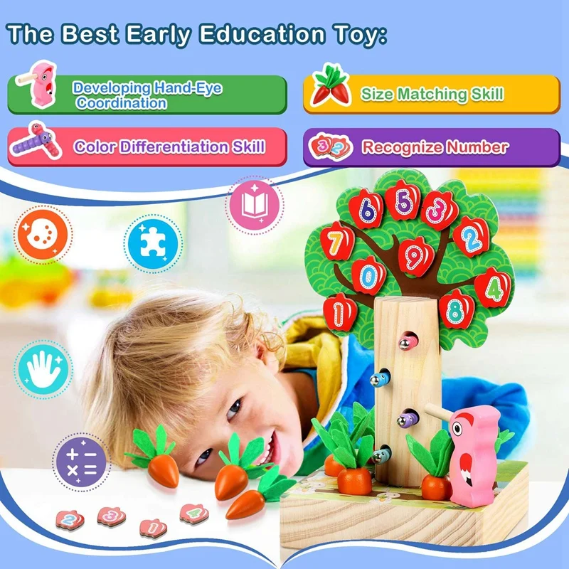 

3 in 1 Wooden Learning Game Set Carrots Harvest Shape Sorting Game with Apple Woodpecker Magnetic Toy Magnetic Toy