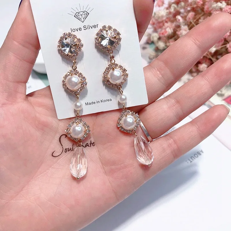 Новые корейские серьги с искусственным жемчугом элегантный кристалл горного