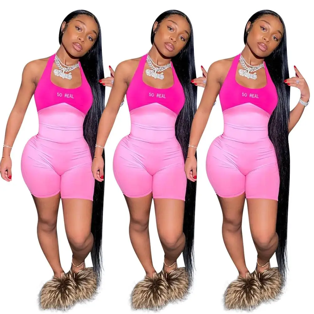 

letter printing patchwork sexy beach style playsuit 2020 new arrival summer sleeveless backless jumpsuit and romper short