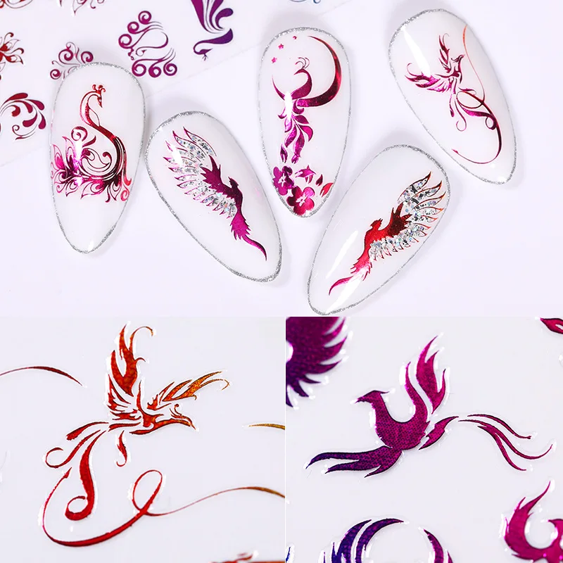 Голографика 3D Nail переводные наклейки на ногти Laser Dragon Phoenixs красочная Фольга для