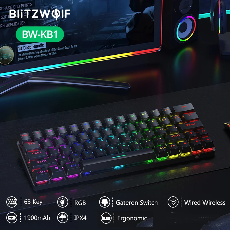 

Новая беспроводная bluetooth-совместимая клавиатура QI BlitzWolf BW-KB1, Gateron, черный переключатель RGB, 63 клавиши, раскладка NKRO Type-C