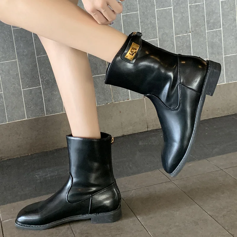 Зима 2019 г. Новые байкерские ботинки женские теплые плюшевые ботильоны черного