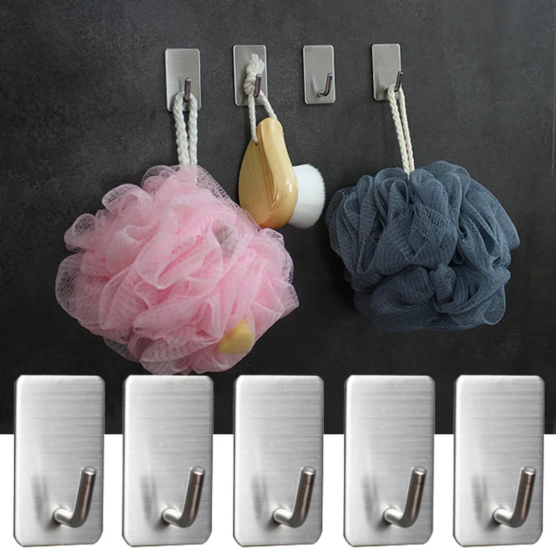 

Stainless Steel Wall Hook Self Adhesive Kitchen Home Bathroom Shower Hooks Bath Ball Hanger Holder Rack Key Bag Hanging Hooks