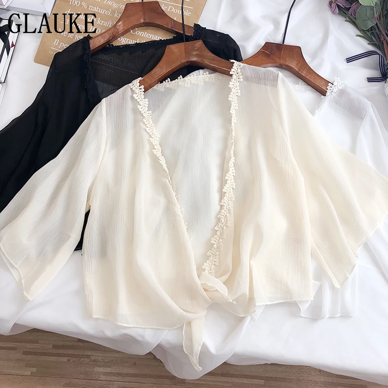GLAUKE летний кардиган с крючком и кружевами однотонная шифоновая рубашка для