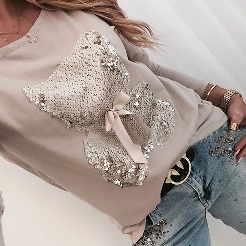 Apricot Women Sequins Lips Print Fashionable Sweatshirt Autumn Leopard Long Sleeve Beading Hoodie Lady O-neck Kawaii Sweatshirt Hoodies - Цвет: Apricot