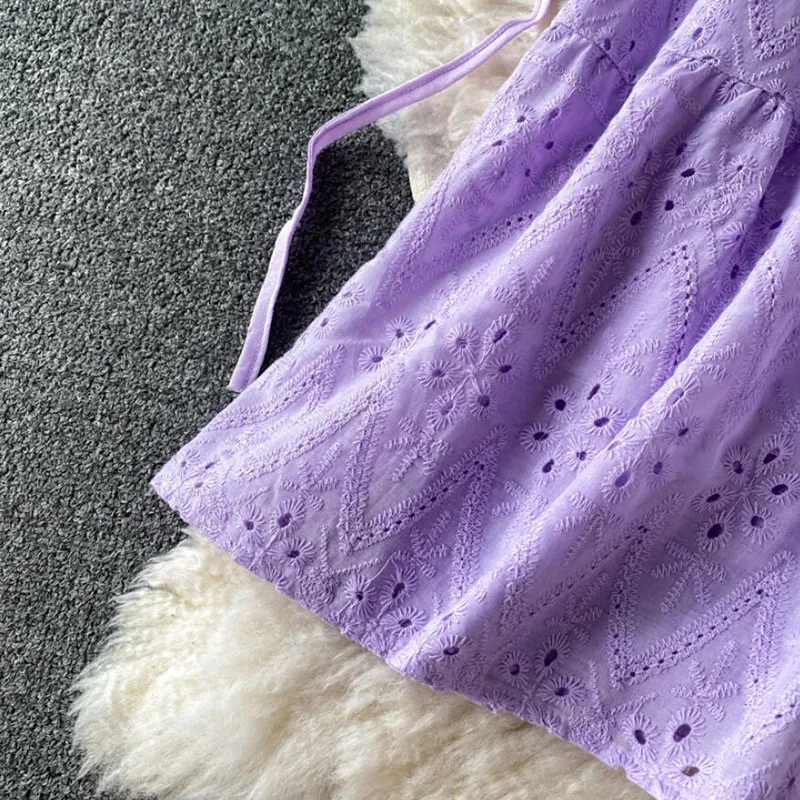 

2021 Vintage V-neck solid color Dress Women Elegant Hollow out Korean Party Dress Puff Sleeve Drawstring Purple Summer Dresses