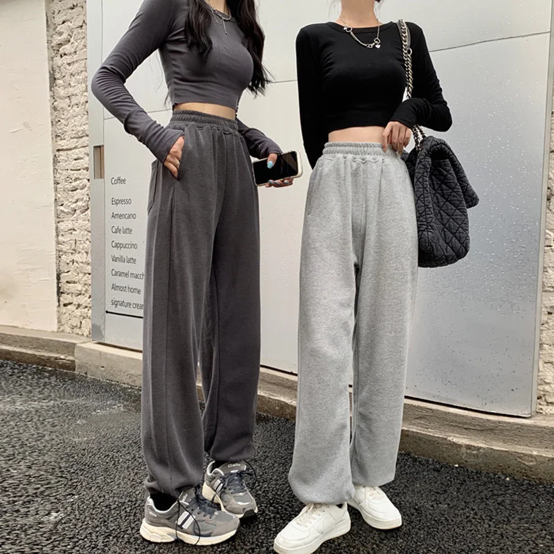 

Women's Soild Grey Wide Leg Pants Spring And Autumn Loose Straight Casual Pants Woman Athletic Fashion Trousers
