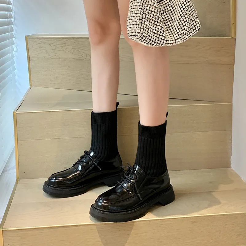 

Asumer 2021 top quality genuine leather +knitting ankle boots women vintage casual shoes lace up autumn winter flat shoes ladies