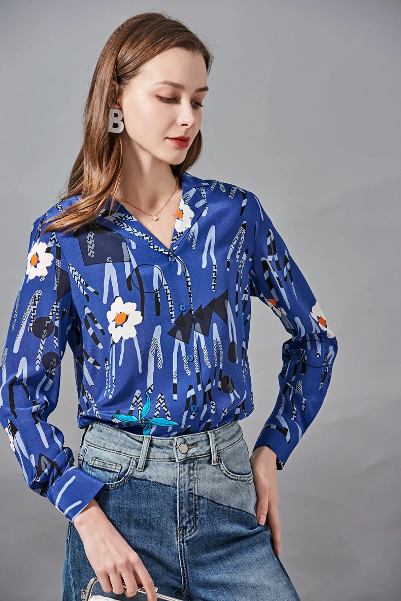 

100% Natural Silk Women's Shirt Turn Down Collar Long Sleeves Printed Floarl Blouse Camisa Tops