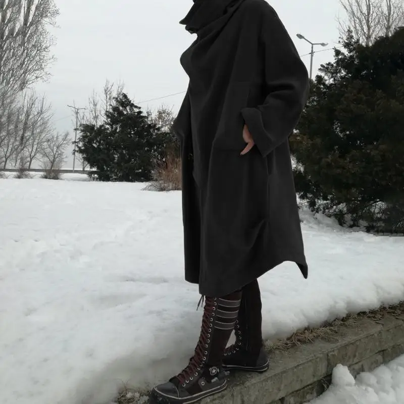 Винтажные ассиметричные куртки для женщин, осенне-зимние пальто, Женская водолазка, Повседневная Свободная однотонная верхняя одежда, топы размера плюс