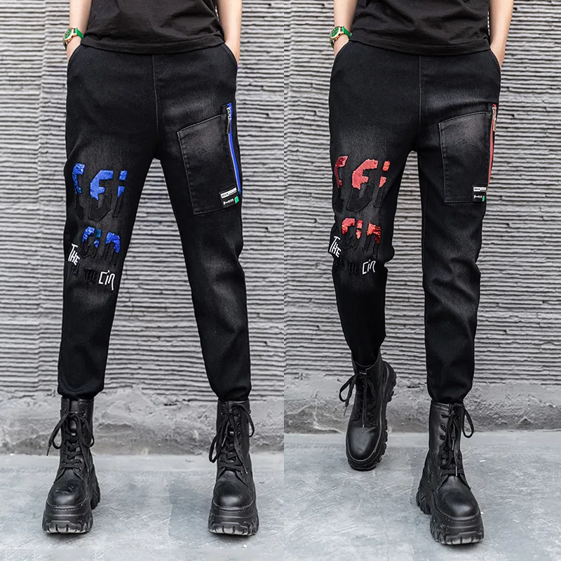 

Джинсы МОМ, с высокой талией, винтажные, с блестками, эластичный пояс, повседневные, черные, в стиле панк, шаровары, XC433