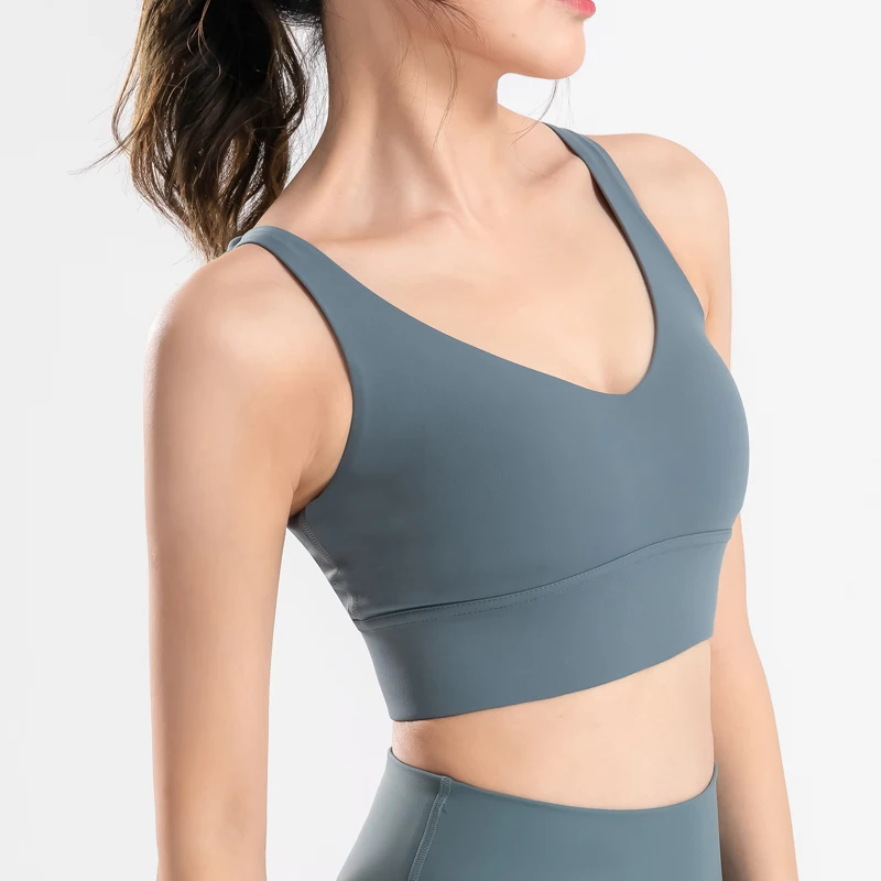 

Nylon Yoga Bra Women Fitness Gym Bra Sexy Deep V Neck Crop Tops Breathable Running Workout Bra Female Sports Underwear