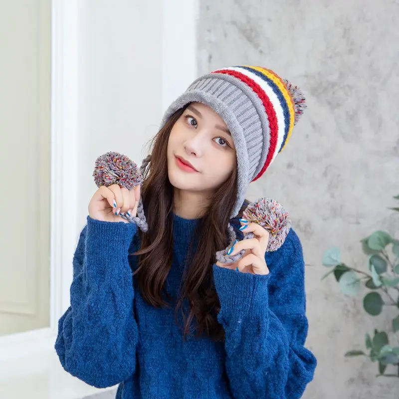 

New Winter Woollen Hat For Women Korean Version Plus Wool Ball Knit Cap Rainbow Coloured Ball Ball Warm Ear Protection Warm Hat