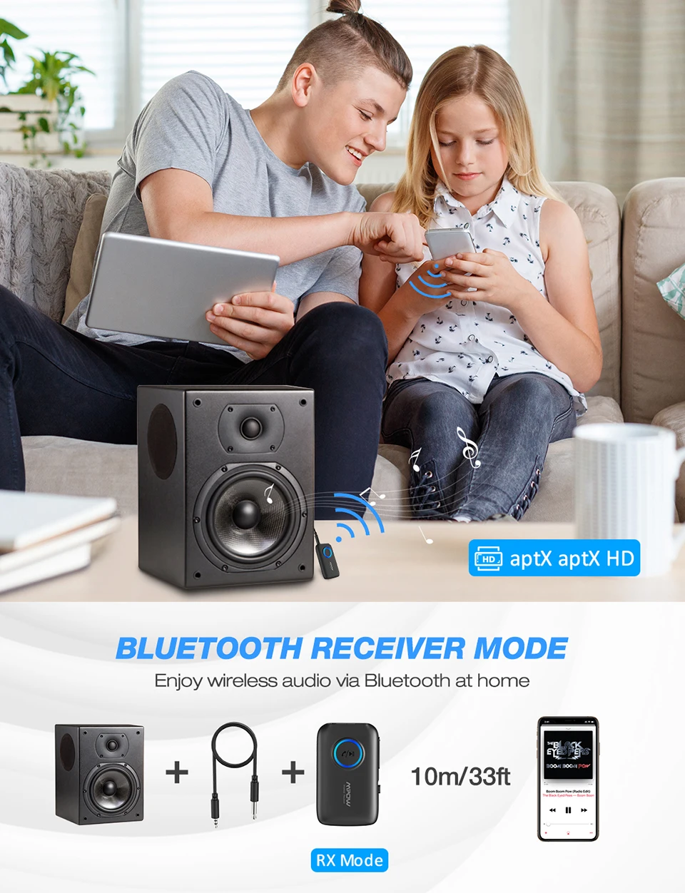 Mpow BH390 Bluetooth адаптер Bluetooth 5,0 приемник и передатчик 2 в 1 AptX HD аудио для ТВ автомобиля Aux Bluetooth динамик