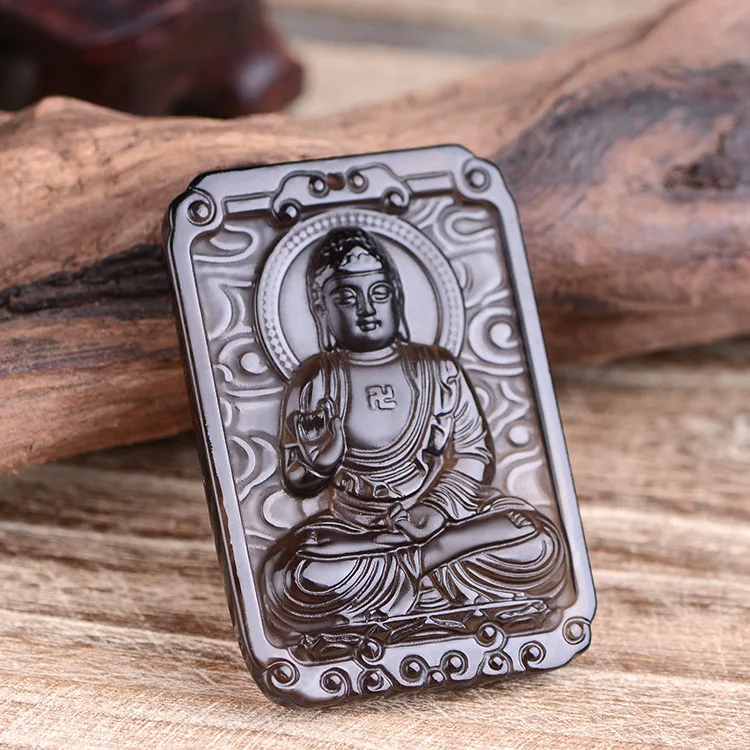 

Natural Ice Obsidian Pendant Chinese Blessing Eight Buddha GuanYin Amulet Lucky Beads Necklace Chain Charm Trendy Gift Jewelry