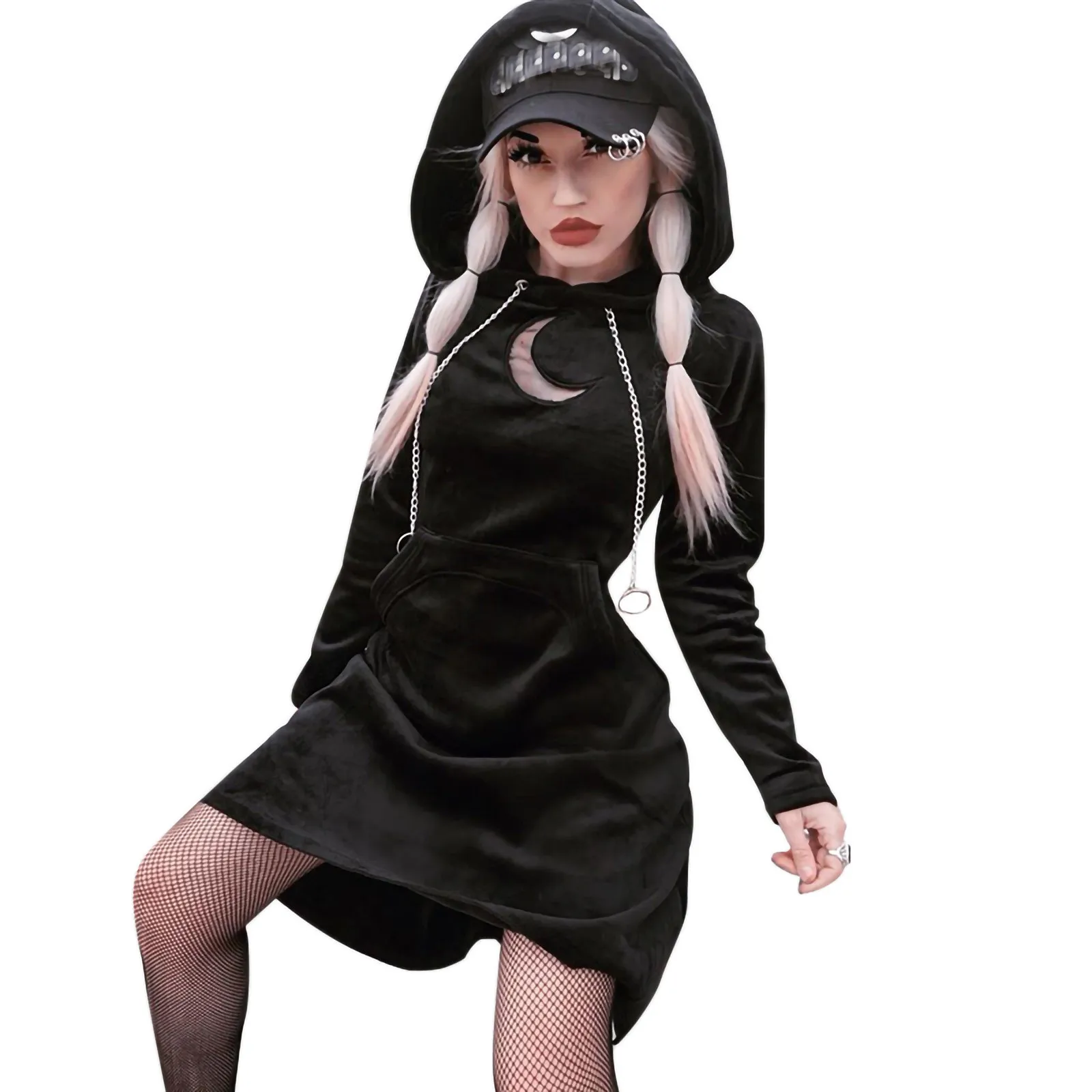 

Womens Dress Gothic Slim Chain Solid Color Long Sleeve Sweater Hooded Dress