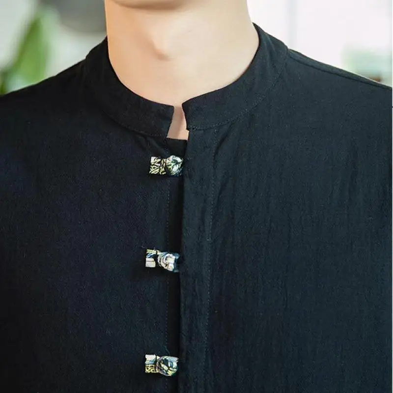 M-5XL Plus Size Vintage Mens Office Shirts Long Sleeve Chinese Collar Single Breasted Linen For Men Autumn Streetwear | Мужская одежда