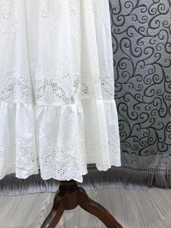 

100%Cotton White Dress 2021 Summer Style Women Sexy Square Collar Hollow Out Embroidery Puff Sleeve Large Swing Boho Dress Sun