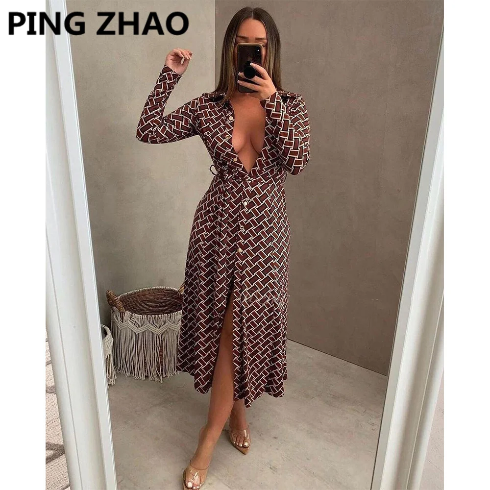 

PING ZHAO Office Lady Buttons Lace up Women Dress Autumn Elegant Long Sleeves Female Lapel Knee Length Dresses