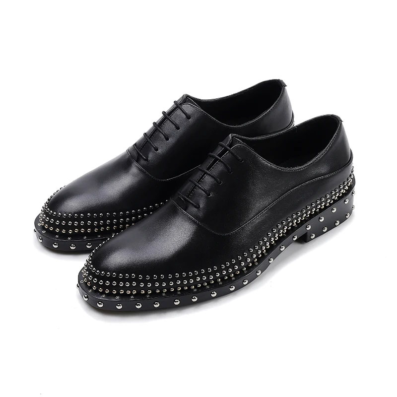 Туфли дерби мужские с заклепками натуральная кожа низкий верх на шнуровке модные