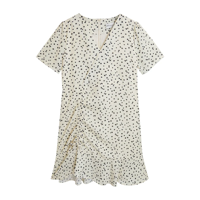 

Spring 2021 new women's dress floral V-neck dress retro drawstring waist short sleeve Platycodon A-line skirt