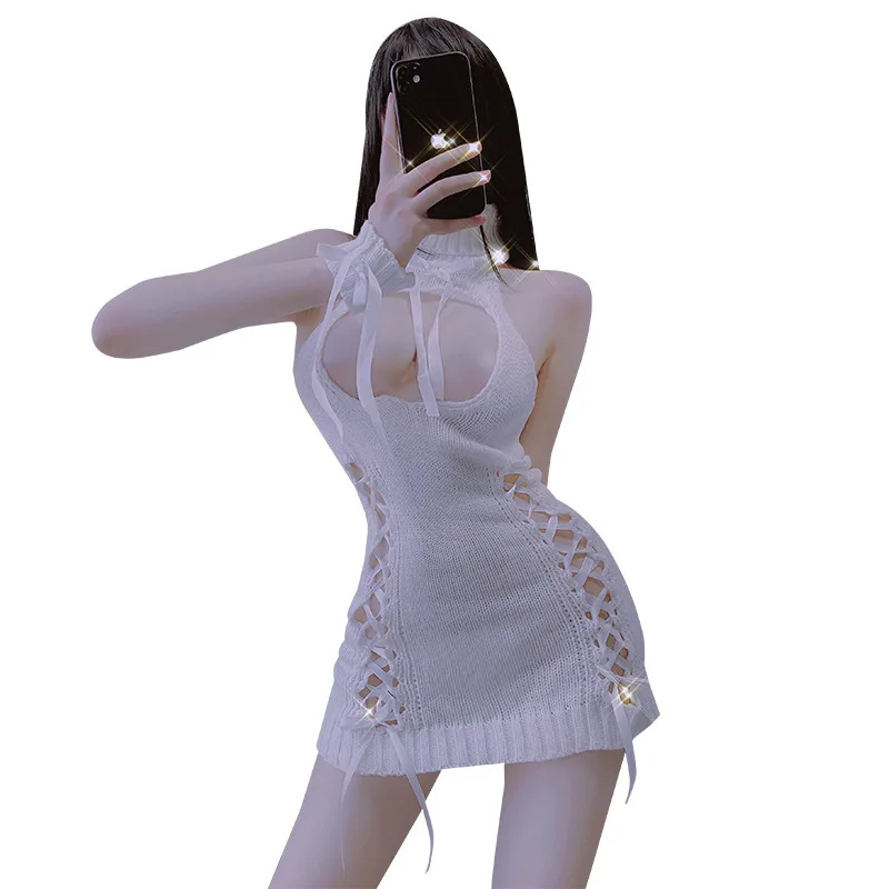 

HYRAX Sexy Sweater Cheongsam Sexy Underwear Hollow Backless Dress Temptation-free Chest Lace Pajamas Women Dresses