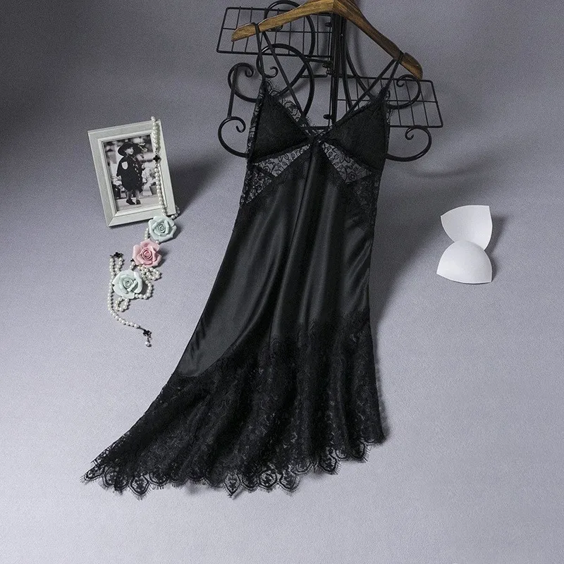 Lace Hollow Out Nightdress Sexy Female Nightgown Strap Sleepwear Bride Summer Dressing Gown Loungewear With Pads Sleep Dress