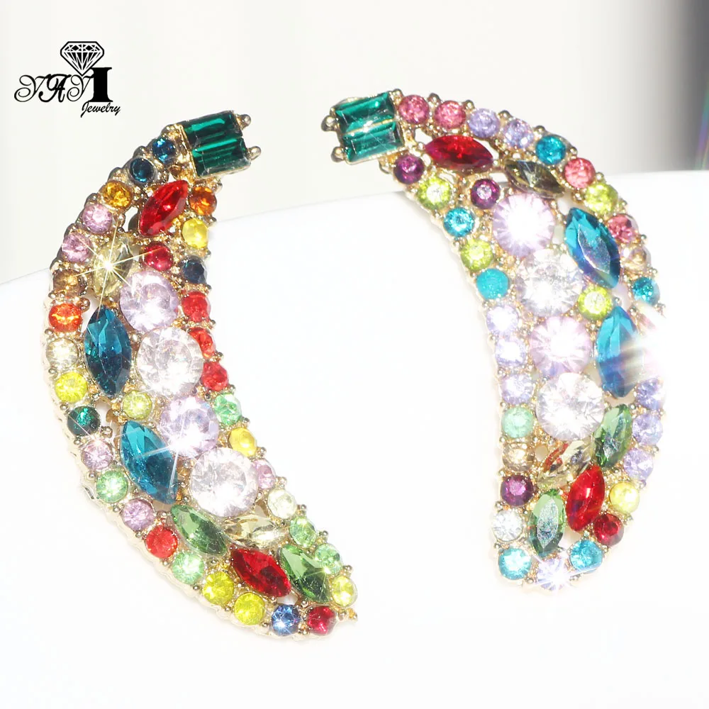 

YaYi Jewelry Multi Glass Flower Dangle Women Ancient Gold Color Wear Ear Band Tassel Wedding Stud Drop Hoop Clip Earrings