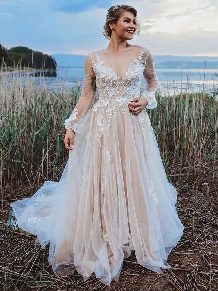 Свадебное платье LORIE Boho кружевное ТРАПЕЦИЕВИДНОЕ невесты с v образным вырезом и