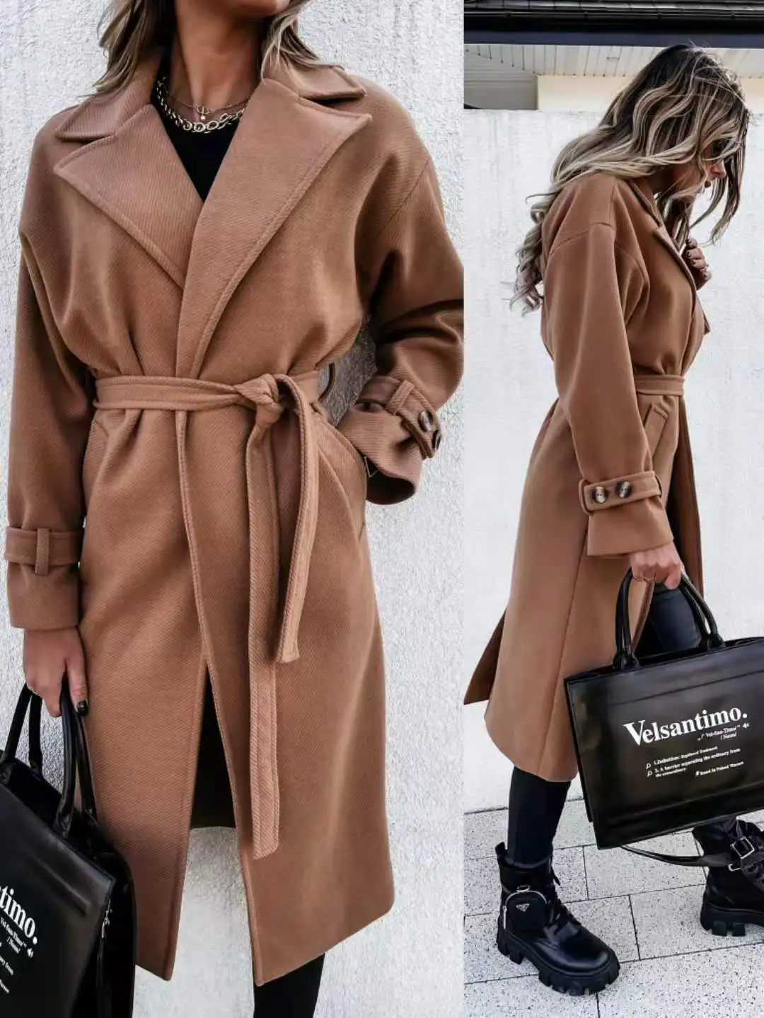 

Donsignet New Fashion Long Sleeve Woolen Coat for Women Mid Length Solid Belt Turn-down Collar Winter Coat Women Elegant