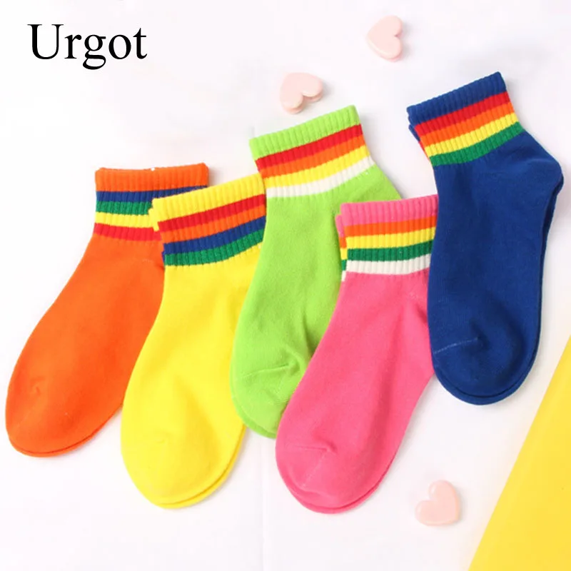 

Urgot 5 Pairs 2021 Autumn Winter New Women's Tube Socks Korean College Style Fluorescent Color Socks Cotton Tide Rainbow Socks