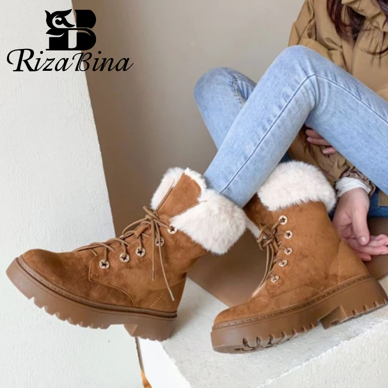 

RIZABINA из натуральной кожи; Женские зимние ботинки; Модные женские туфли на платформе с перекрестными ремешками, теплые зимние сапоги на меху;...
