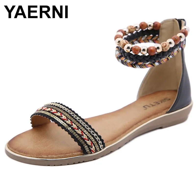 

YAERNI New Summer Women's Shoes Bohemia Beaded Retro Nationality Flat Elastic Band Large Size 40 41 42 Casual Women's Sandals