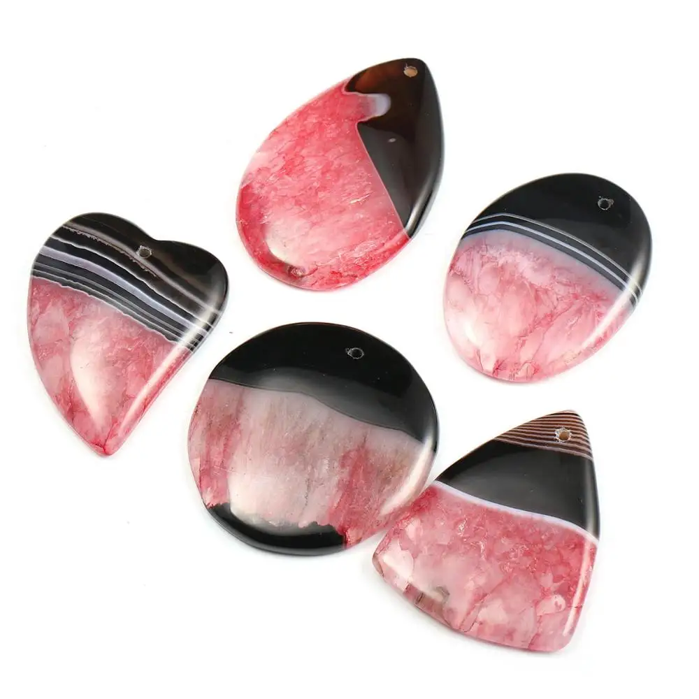 

Natural Semi Precious Stone Pendant Black Red Agates Striate 5 / Pack DIY For Making Necklaces And Bracelets