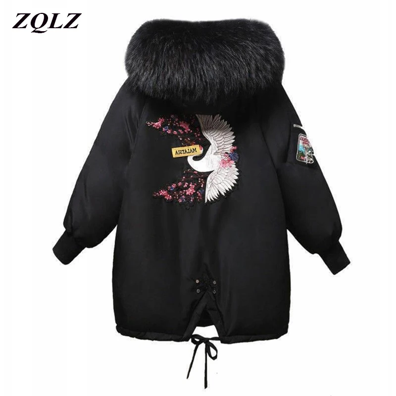 

ZQLZ Winter Coat Women 2020 New Embroidery Casual Hooded Fur Collar Loose Long Parka Mujer Thick Warm Overcoat Fashion Jacket