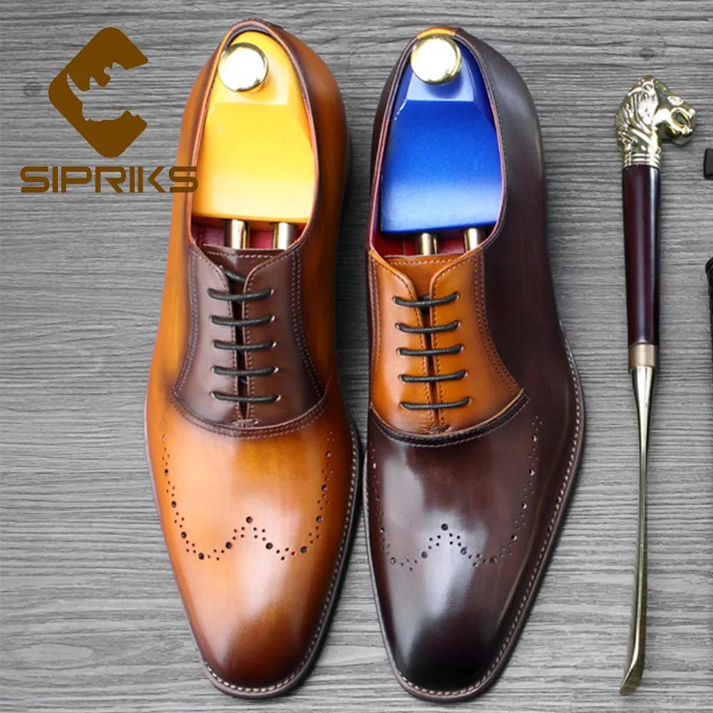 

Sipriks Patina Calf Leather Oxfords Mens Sewing Welted Dress Shoes Rubber Sole Inner Sheepskin Brogues Shoes Dark Brown Social
