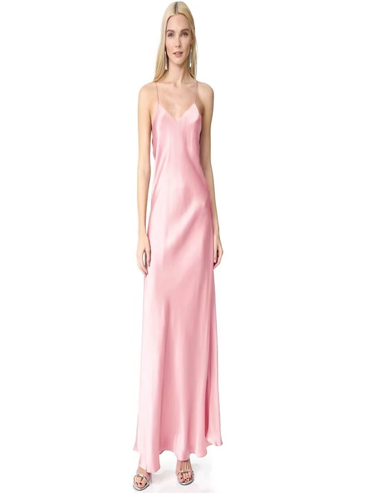 Женское атласное платье без рукавов облегающее шелковое макси с V образным