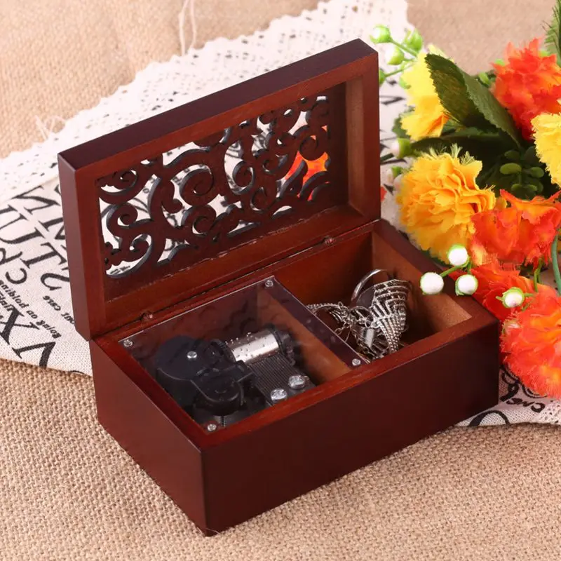 Vintage Pine Hollow 18 Note Wind Up Musical Box Jewel Crafts Clockwork Type Music Hand Cranked Gold + Wine Red Ede |