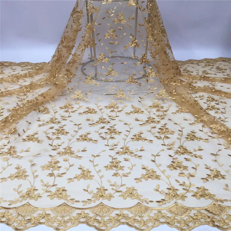 Горячая продажа кружевная ткань в африканском стиле вышитая Золотая нигерийская
