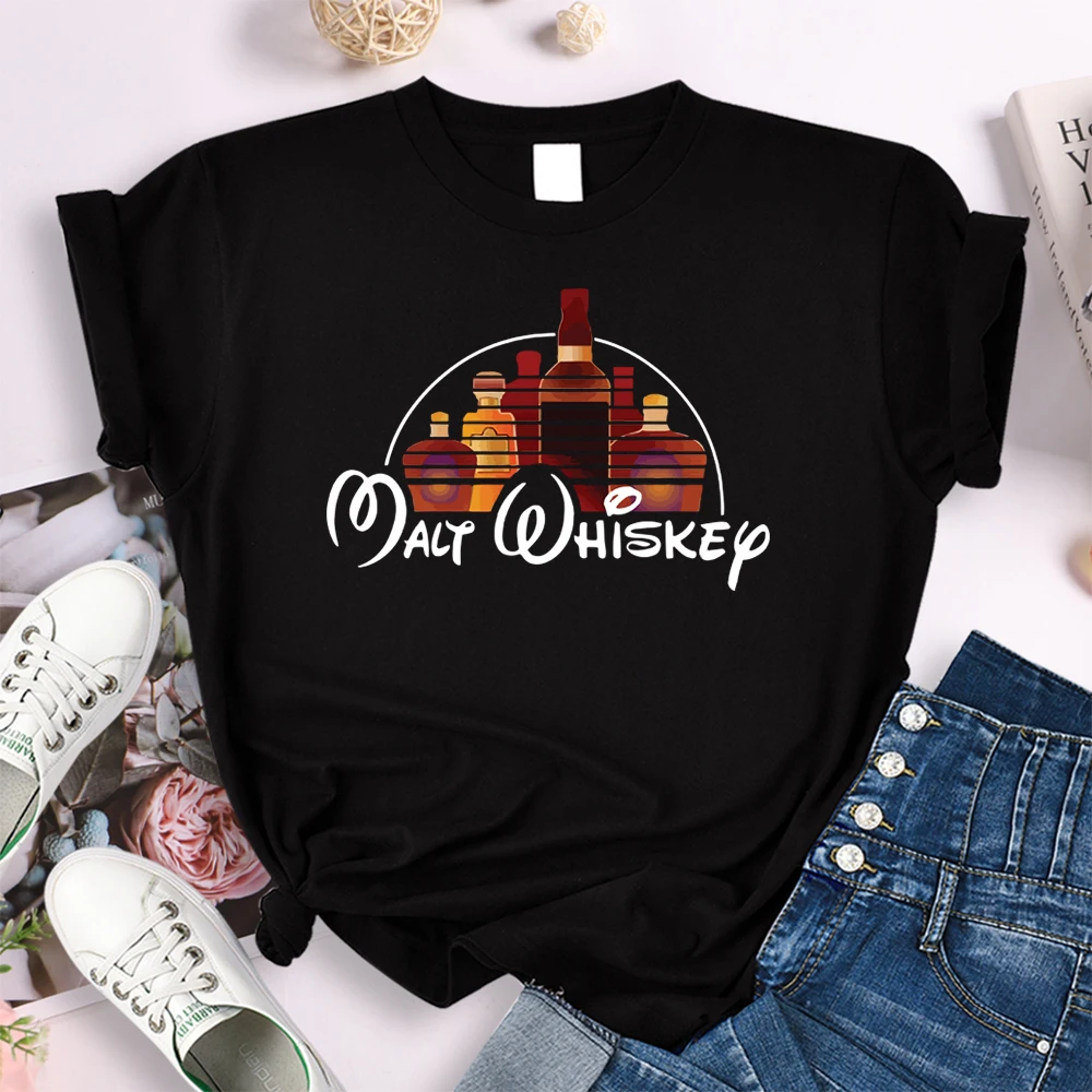 

T-Shirt Women's Malt Whiskep Pattern Print Female Tees Summer Oversize Crew Neck t Shirt Women Fitted Loose Vintage Style Tops