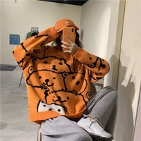 women sweater cute bear print round collar long sleeve pullover loose casual sweater couple winter tops
