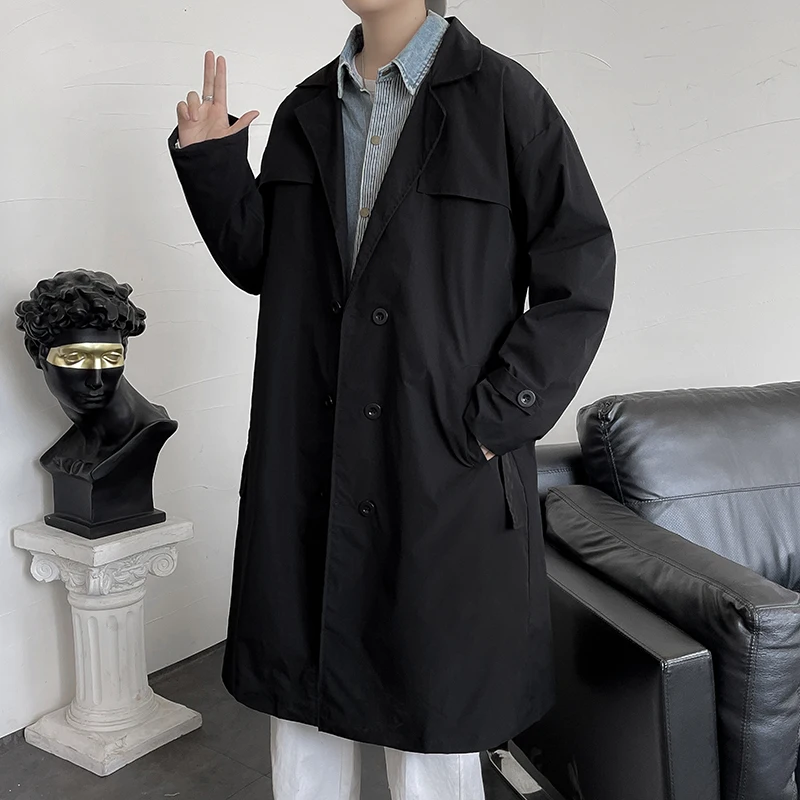 Тренч мужской длинный свободного кроя Классическая двубортная модная