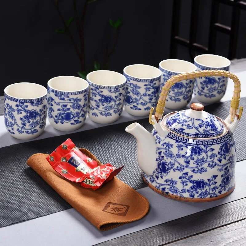 7 шт. сине белый керамический чайный набор в стиле ретро с металлическим